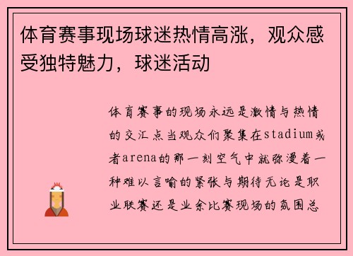 体育赛事现场球迷热情高涨，观众感受独特魅力，球迷活动