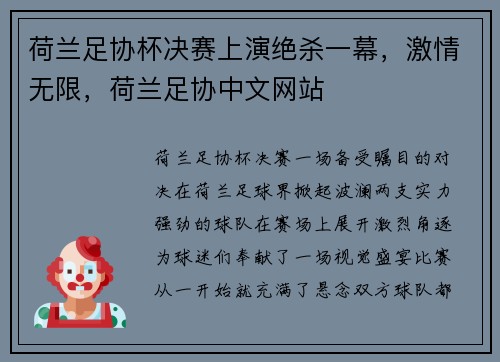 荷兰足协杯决赛上演绝杀一幕，激情无限，荷兰足协中文网站