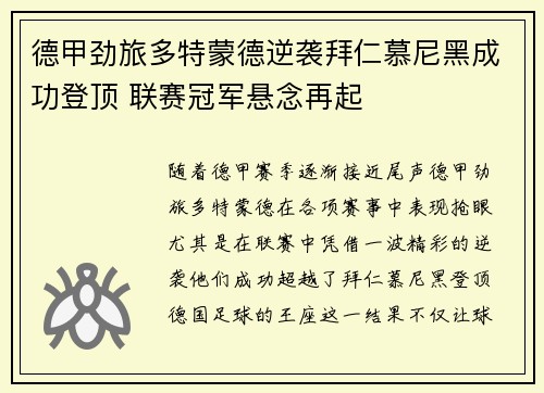 德甲劲旅多特蒙德逆袭拜仁慕尼黑成功登顶 联赛冠军悬念再起