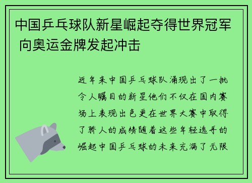 中国乒乓球队新星崛起夺得世界冠军 向奥运金牌发起冲击
