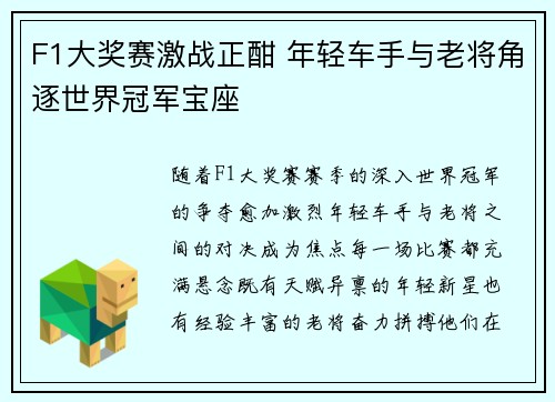 F1大奖赛激战正酣 年轻车手与老将角逐世界冠军宝座