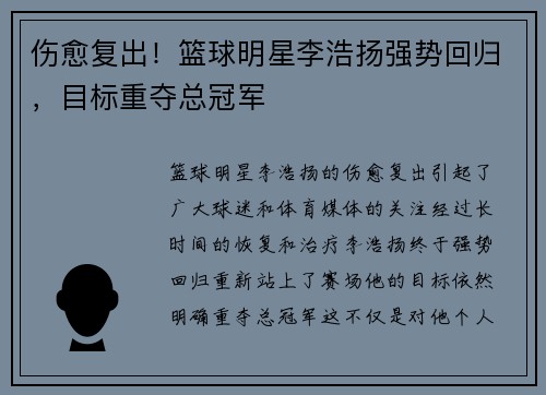 伤愈复出！篮球明星李浩扬强势回归，目标重夺总冠军